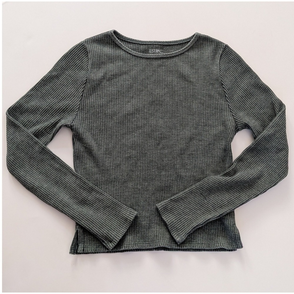 EST PAC 1980 Waffle Knit Long Sleeve Top Grey Thermal Crew Neck Size M